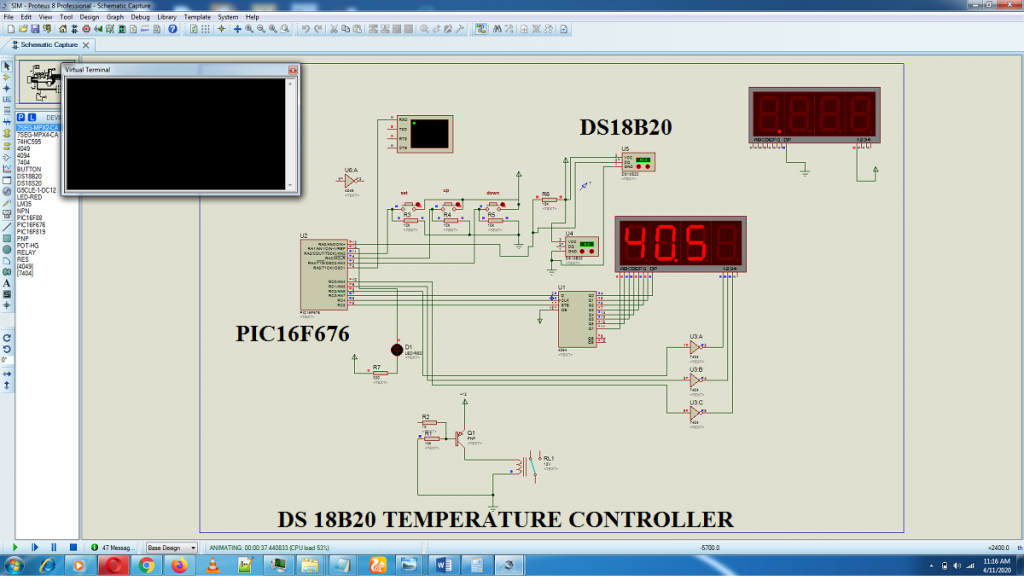 temperature controller,DS18B20 PIC MICROCONTROLLER,pic16f676 relay circuit