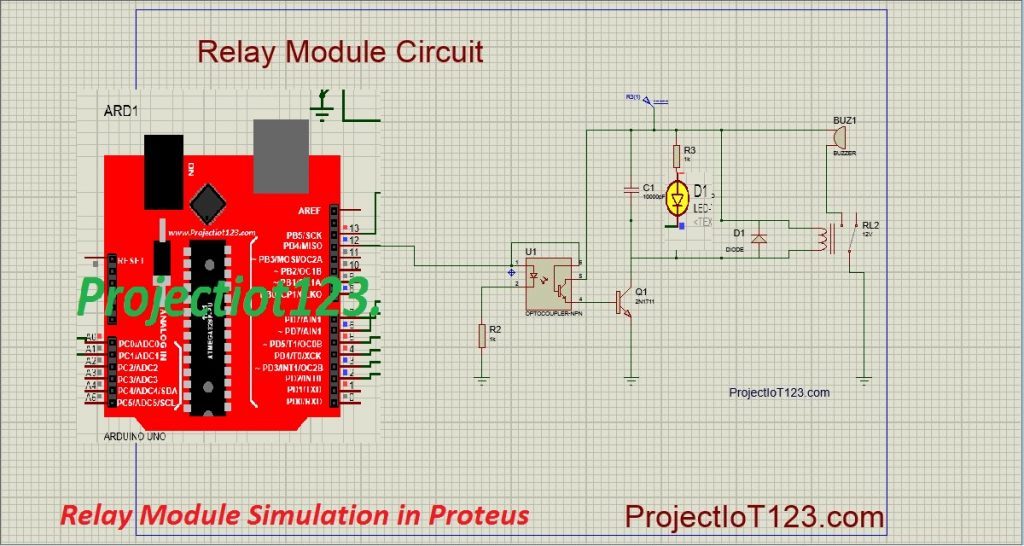 Relay Module Simulation in Proteus,Relay Module in Proteus,Arduino microcontroller
