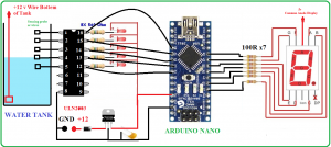 water level circuit,Circuit Diagram of Water Level Indicator Arduino,Arduino nano projects