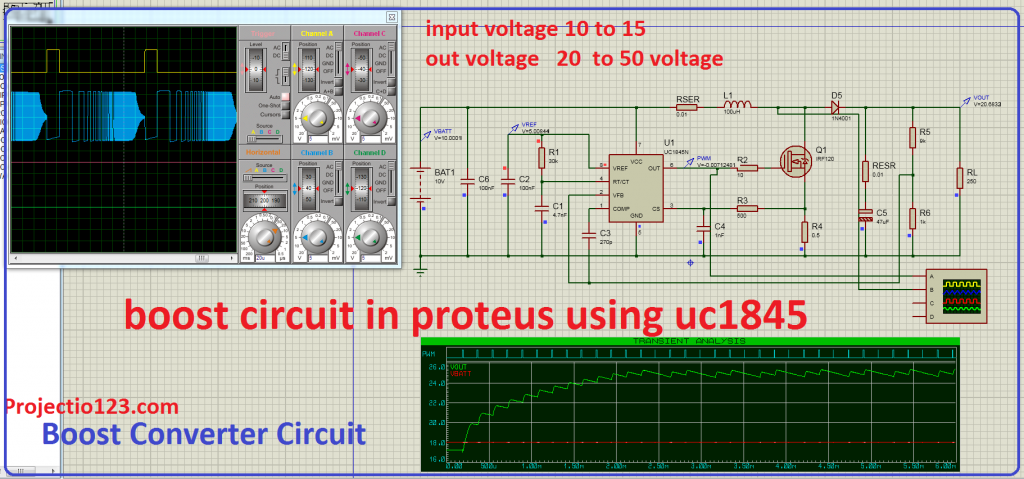 Boost Converter Circuit in Proteus Using uc1845,Boost Converter Circuit