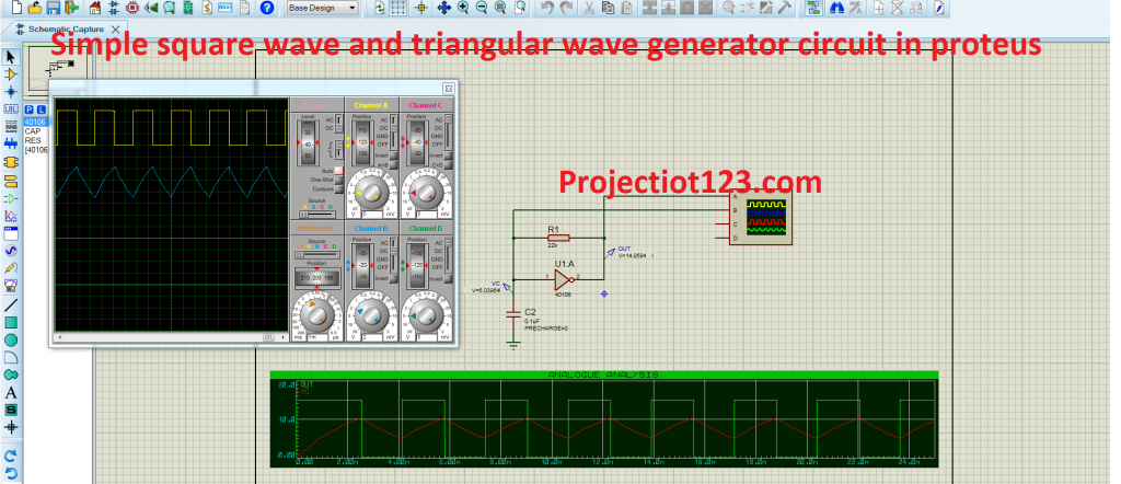 simple square wave and triangular wave generator circuit in proteus
