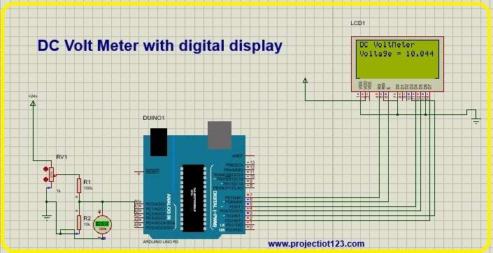 DC volt meter using Arduino with LCD display in proteus