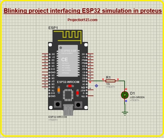 Blinking project interfacing ESP32 simulation in proteus