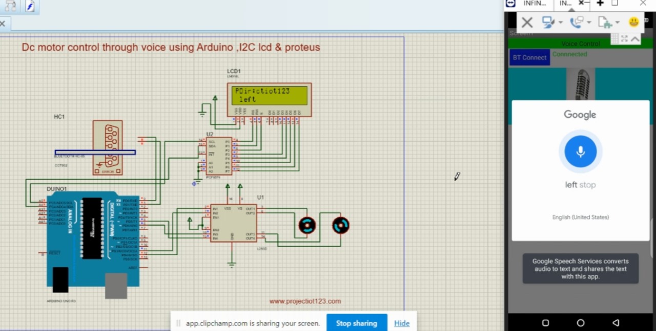DC motor control through voice using Arduino, I2C & LCD in proteus