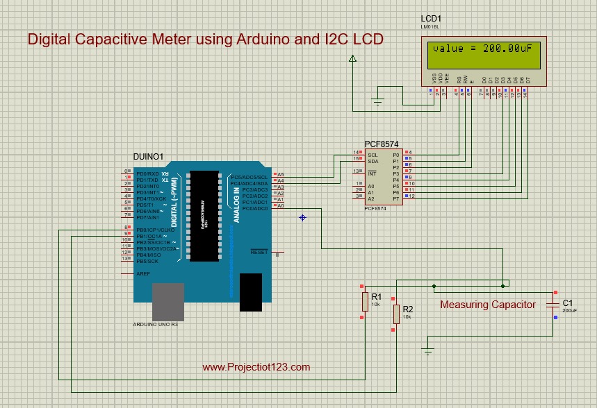 Digital Capacitive Meter using Arduino and I2C LCD in proteus
