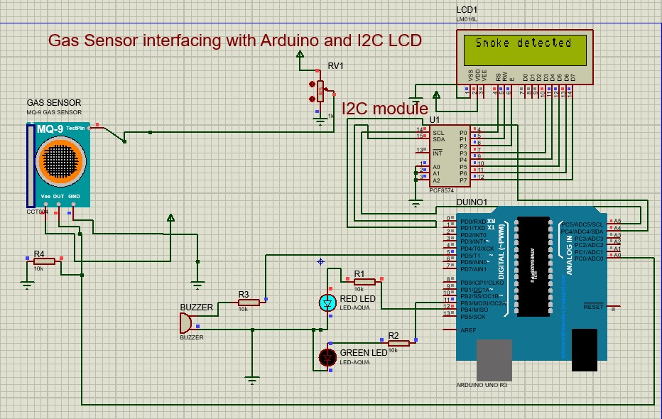 Gas sensor interface with Arduino and I2C LCD in proteus