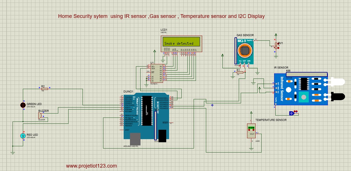 Home security system using IR, GAS, Temperature sensors and I2C display in proteus