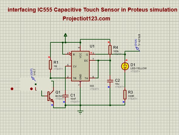 Interfacing IC555 capacitive touch sensor in proteus simulation