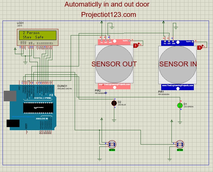 Arduino interface with automatically IN and out door sensors in proteus