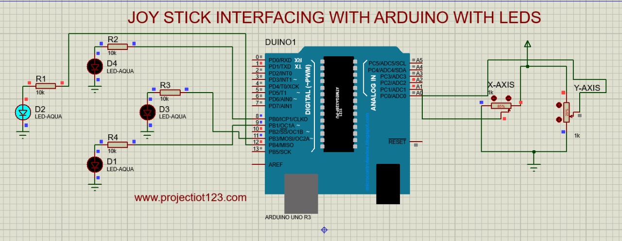 Joy Stick Interfacing with Arduino and LEDs in proteus