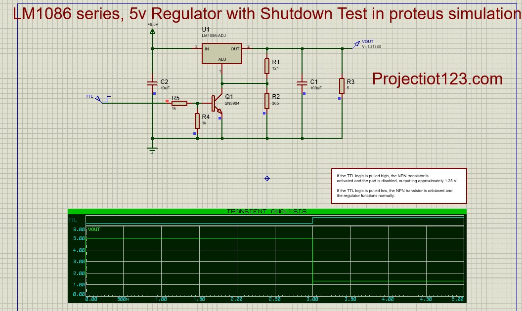 LM1086 series, 5V Regulator with shutdown test in proteus