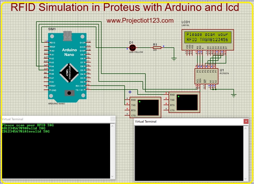 Arduino interface with RFID simulation & LCD in proteus