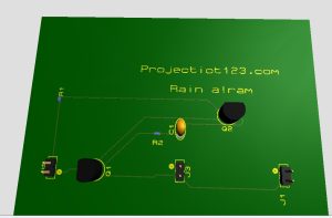Rain Alarm circuit 3D PCB Design in proteus