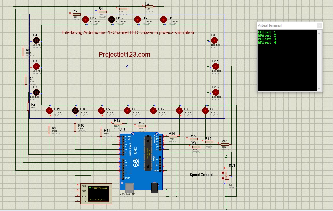 Interfacing Arduino UNO 17Channel LED chaser in proteus