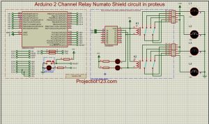 Arduino 2 channel Relay Numato shield circuit,proteus diagram