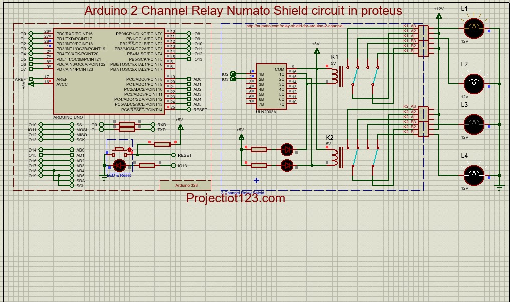 Arduino 2 channel Relay Numato shield circuit in proteus
