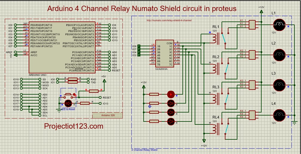 Arduino 4 channel Relay Numato shield circuit in proteus