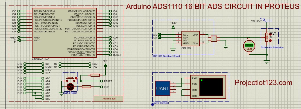 Arduino ADS1110 16-Bit ADS circuit in proteus