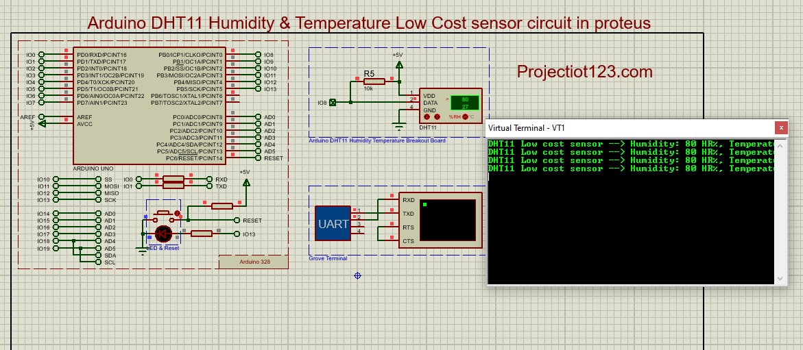 Arduino DHT11 Humidity & Temperature Low cost sensor circuit in proteus
