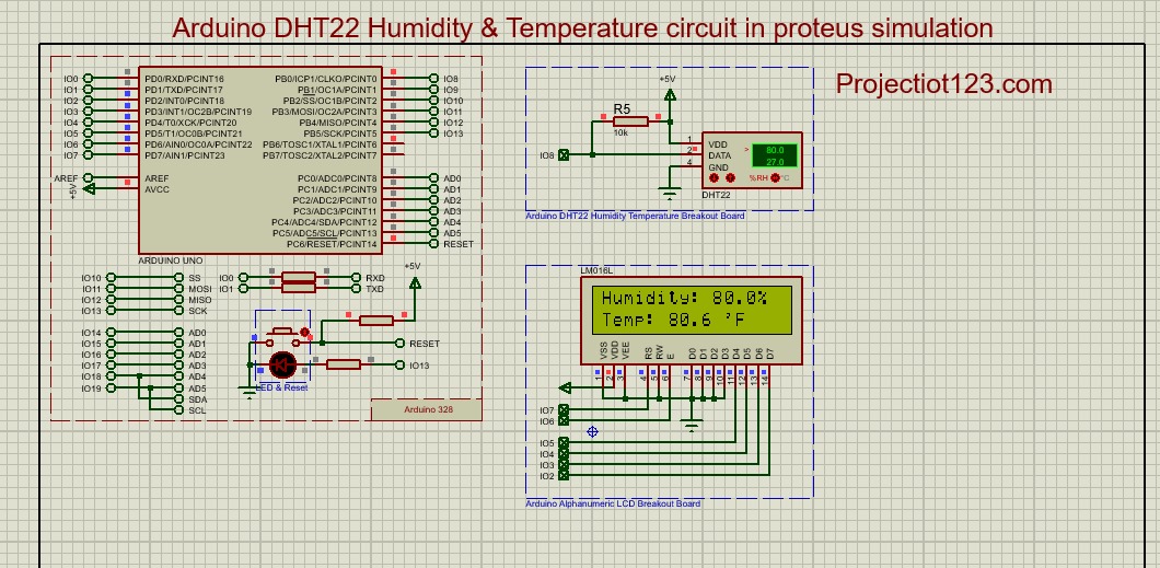 Arduino DHT22 Humidity & Temperature circuit in proteus
