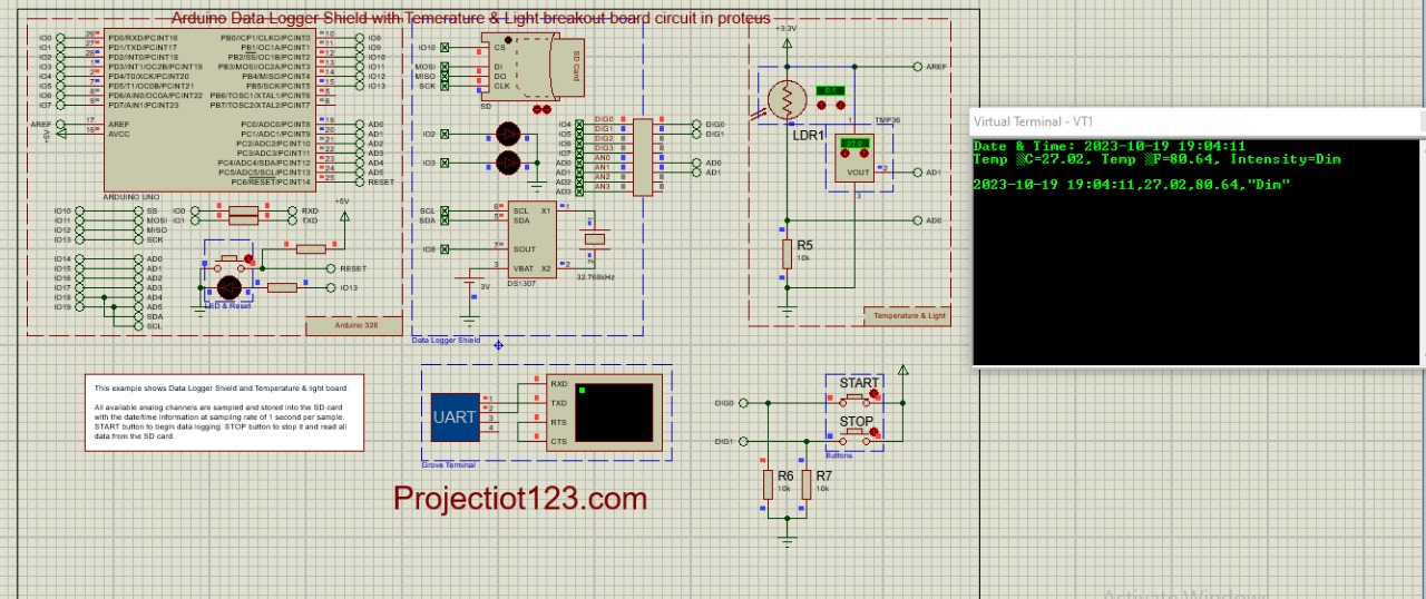 Arduino Data Logger Shield with temperature circuit in proteus