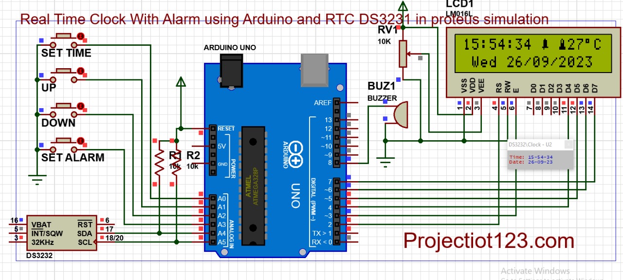 Real Time Clock with Alarm using Arduino and RTC DS3231 in proteus