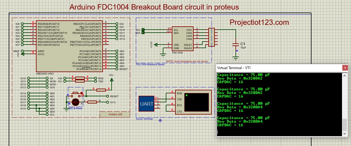 Arduino FDC1004 Breakout Board circuit in proteus