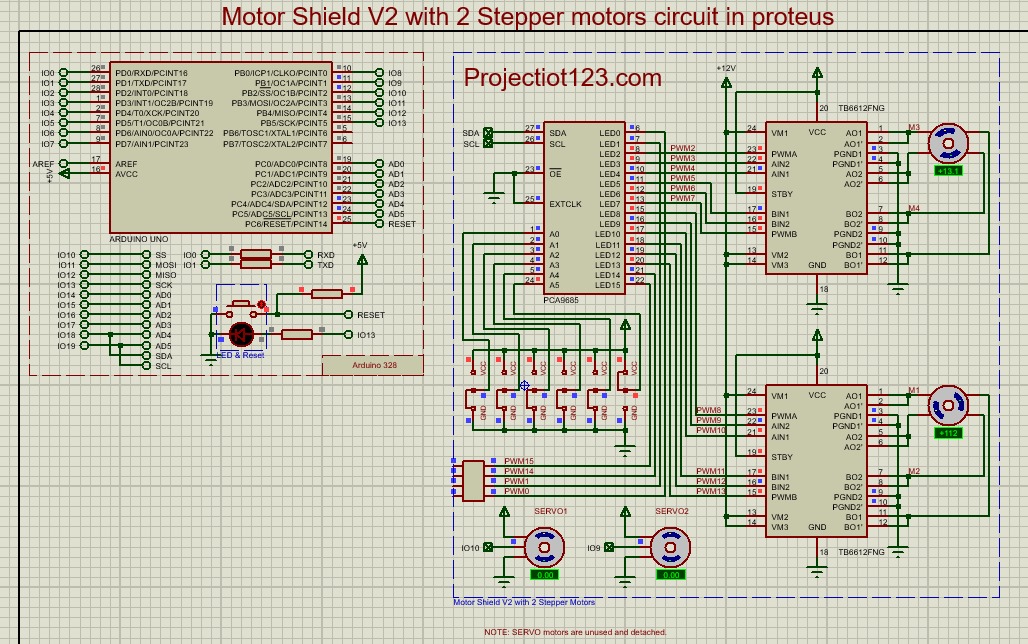 Motor Shield V2 with 2 Stepper motors circuit in proteus
