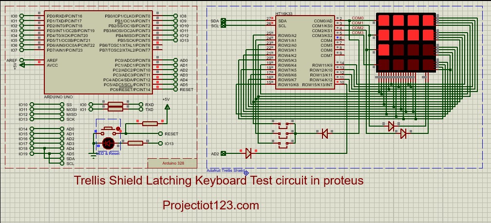 Trellis Shield Latching Keyboard Test Circuit in proteus