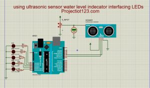 Interface Arduino with water level indicator using sonic sensor and LEDs in proteus 