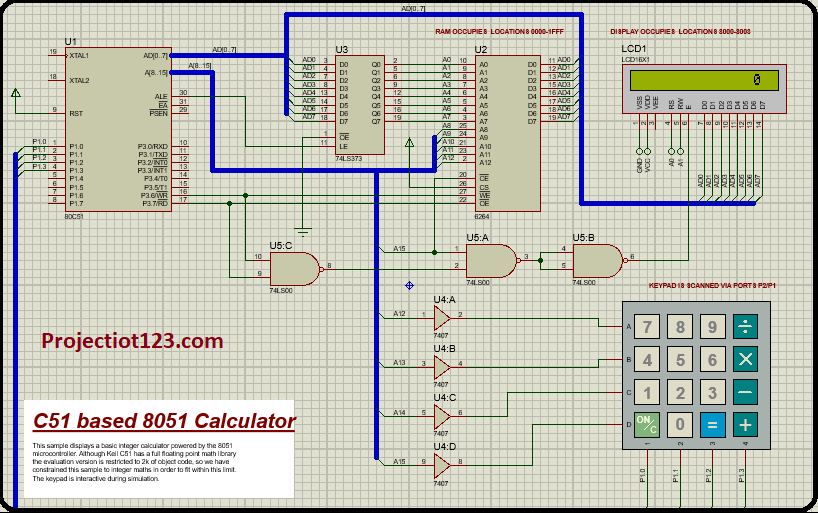 8051 interfacing with calculator with external Ram, Proteus simulation 