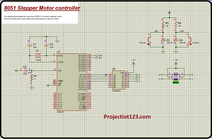 8051 stepper motor interfacing with programming in proteus