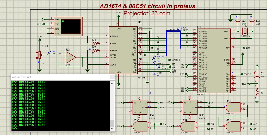8051 Interfacing AD1674 circuit in proteus
