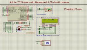 Arduino TC74 sensor with Alphanumeric LCD circuit in proteus