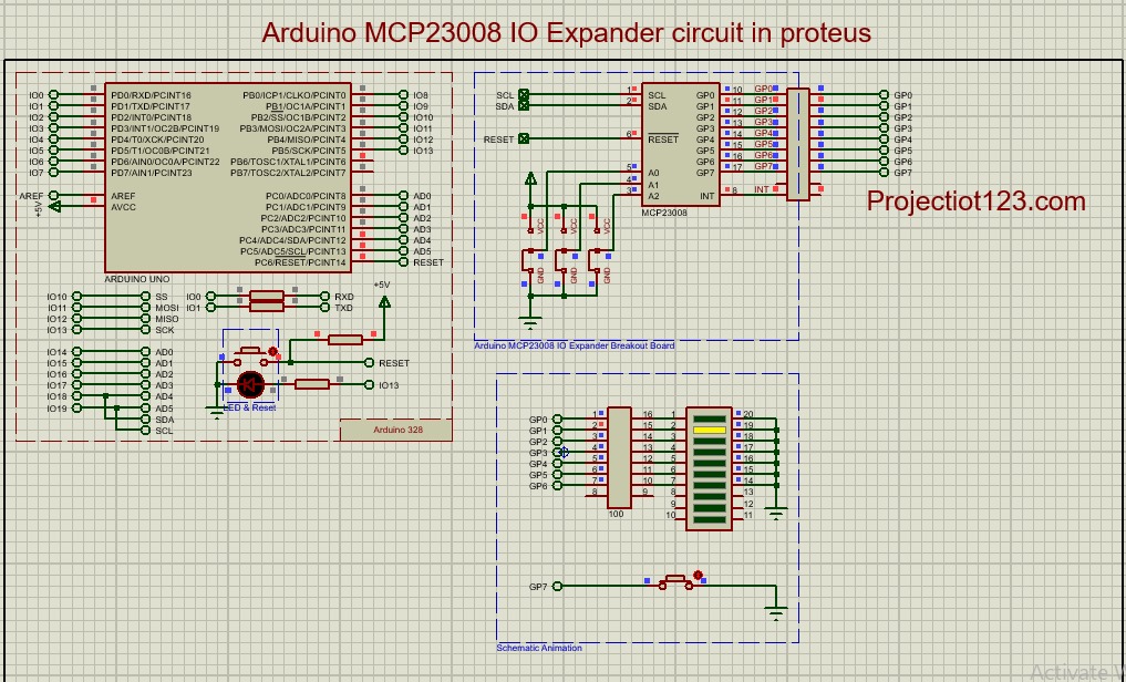 Arduino MCP23008 IO Expander circuit in proteus