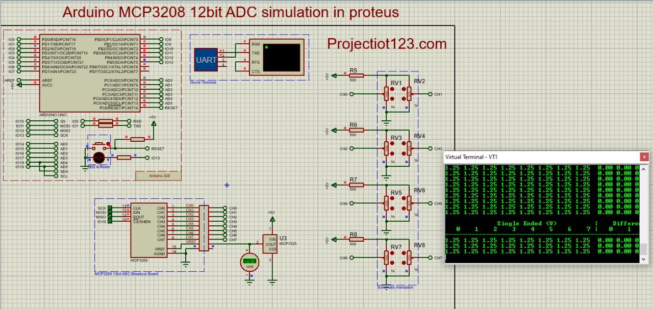 Arduino MCP3208 12bit ADC simulation in proteus