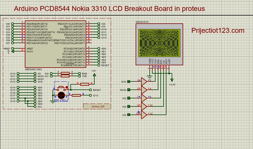 Arduino PCD8544 Nokia 3310 LCD circuit in proteus