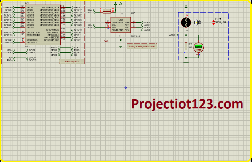 Raspberry Pi interfacing with Analog to digital converter and LDR Project, Proteus simulation 