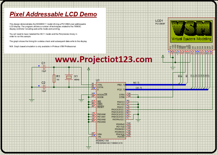 Pixel Addressable LCD with HC11 Module in Proteus