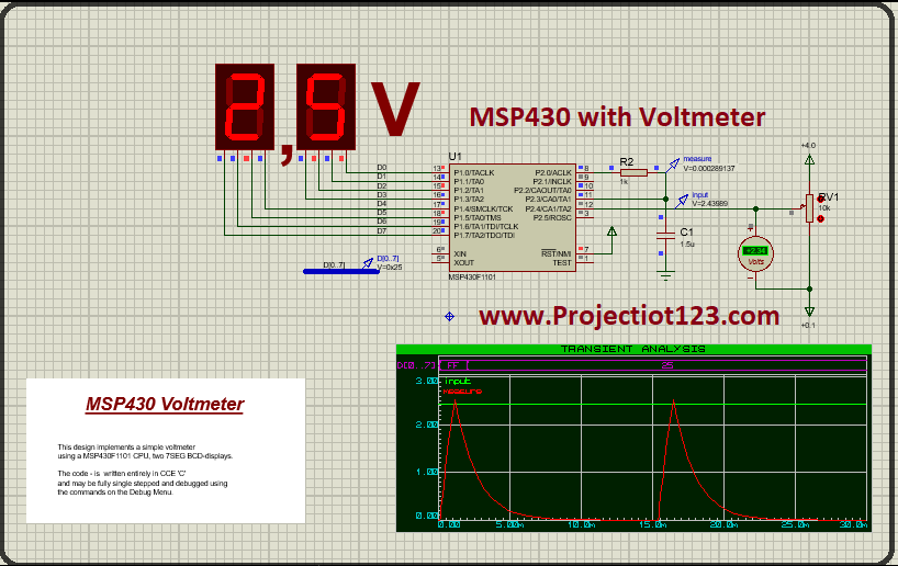 MSP430 Microcontroller with Voltmeter in Proteus