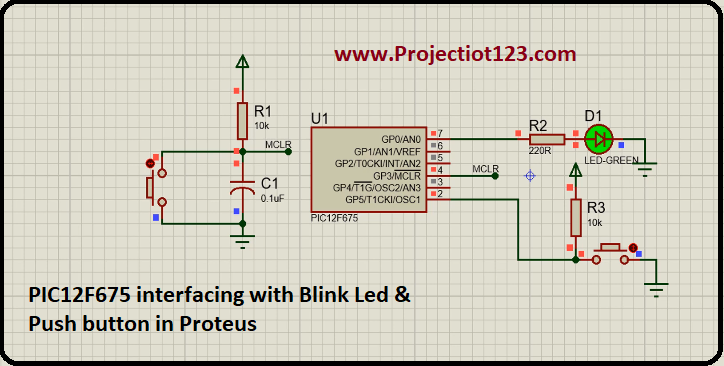 PIC12F675 interfacing with Blink Led & Push button in Proteus