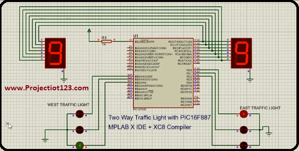PIC16F887 interfacing with Two Way Traffic Light in proteus
