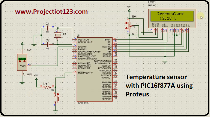 Temperature sensor with PIC16f877A using Proteus
